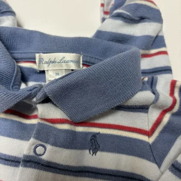 VTG Ralph Lauren Baby Boy Footie One Piece Striped Blue 3 Month Collared Preppy - Picture 3 of 7